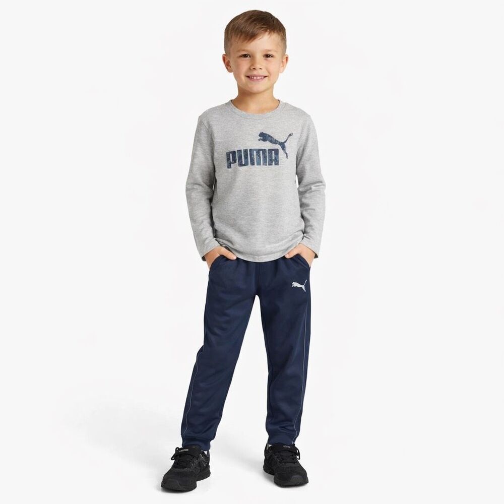 Puma Boys Size 7 Athletic Set Gray Logo Shirt Navy Jogger Pants Kids Outfit
